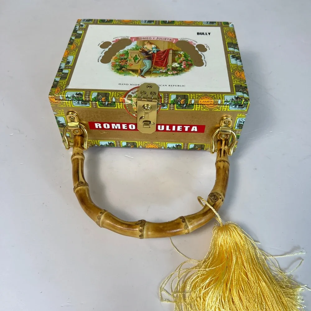 Kay Warren Cigar Box Purse Womens Multicolor Bamboo Handle Romeo y Julieta